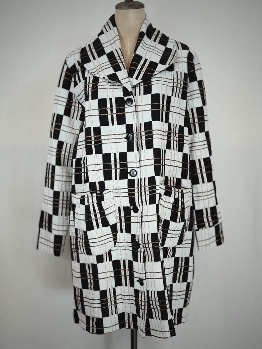 NWT Sassy Black Gold White Plaid Wide Collar Long Sleeve Pocket Coat XS